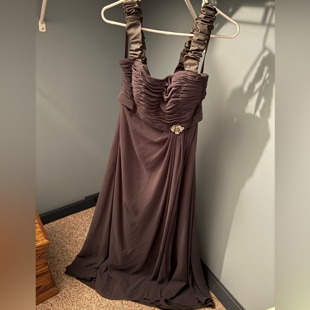 Mori Lee Chocolate Brown Ruffled Bodice Formal Gown